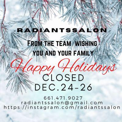 Happy Holidays we will be closed 12/21-12/26. Please call for appointments 661.471.9027