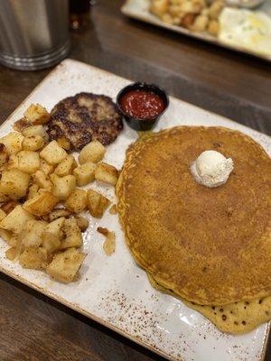 Seasonal pumpkin pancake with potatoes substituted (no eggs for me)