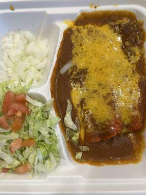 My Door Dash delivery order of cheese enchiladas, with onions,lettuce,tomato to garnish before eating!