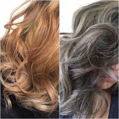 Went from brassy orange to a very well toned ash blonde.