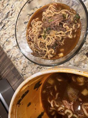 Ramen birria with cilantro/onion and small spicy sauce