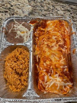 Burrito plate - rice, beans; a burrito made with carne molida in a red sauce