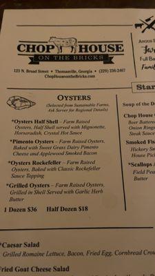 Oyster menu