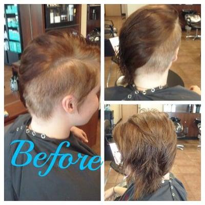 She started with shoulder length,faded and grown out color and wanted short and sassy!! 
 Hair by Sara