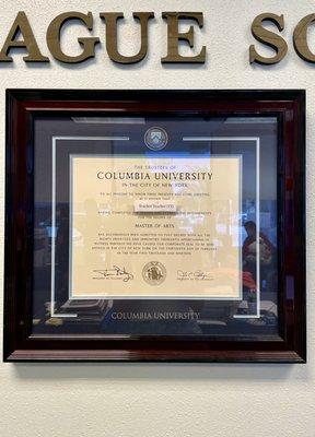 Ms. TT's Columbia University diploma