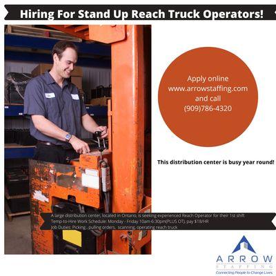 A large distribution center, located in Ontario, is seeking experienced Reach Operator for their 1st shift Temp-to-Hire