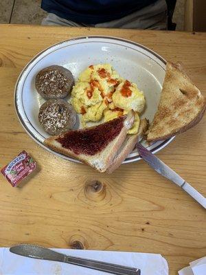 2-Eggs, Sausage Patties and toast