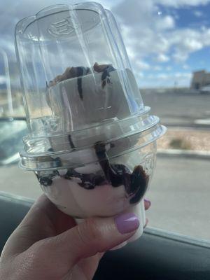 Medium Hot Fudge Sundae with Peanuts (notice the minimal toppings)