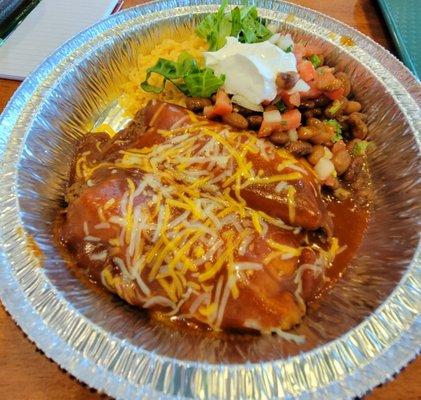 Beef tamales with ranchero sauce, Pinto beans and rice. Very good!!