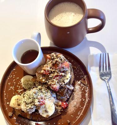 Chai latte with waffles and fresh fruit! Healthy and tasty!