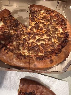 Burnt sausage pizza