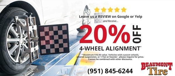 Get 20% Off a 4 Wheel Alignment. Call for Details.