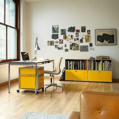 USM Haller home office with table, mobile pedestal and storage credenza.