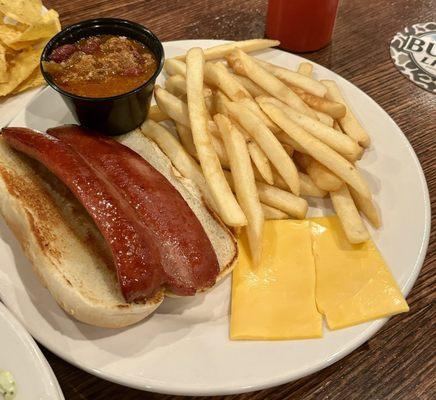 The dog. Friend and I split so we got toppings on side otherwise cheese would come on it. $1 to add chili. Fries were super hot and fresh.