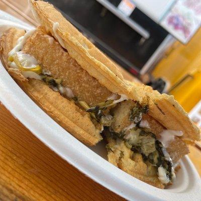 Vegan Sardou (Fried Ota Tofu, braised Spinach & Artichokes with Vegan Lemon Aioli) - totally vegan and GF