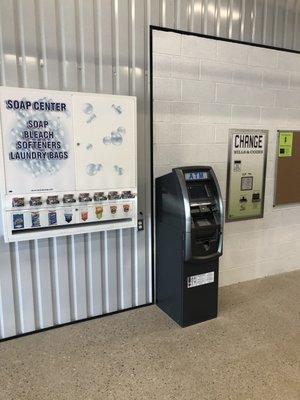 Soap center, ATM, change machine that gives back bills, bulletin board for community events.