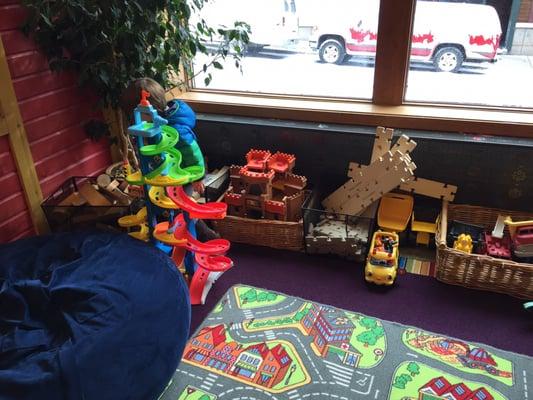 A great toy area full of vehicles and building blocks--very toddler friendly.