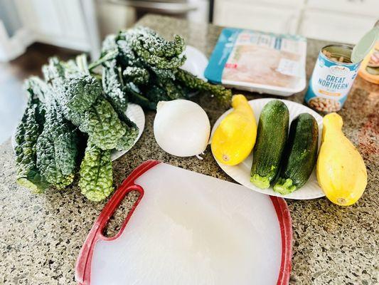 Lacinto Kale, White Onion, Squash/Zucchini, Beans, and Chicken all purchased at Sprouts