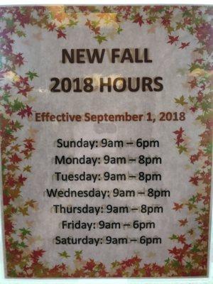 New hours for the fall!