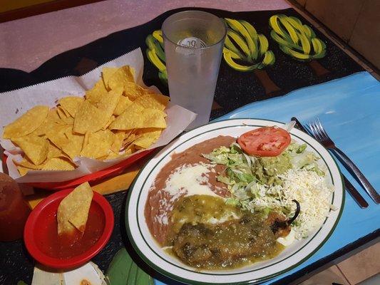 Combination #12 Chile Relleno (with tomatillo sauce) and a chalupa