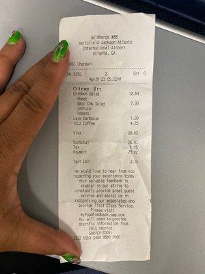 Receipt of purchase and sandwich.