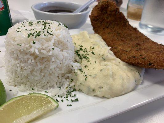 Fish Filet with rice, beans and mashed potatoes