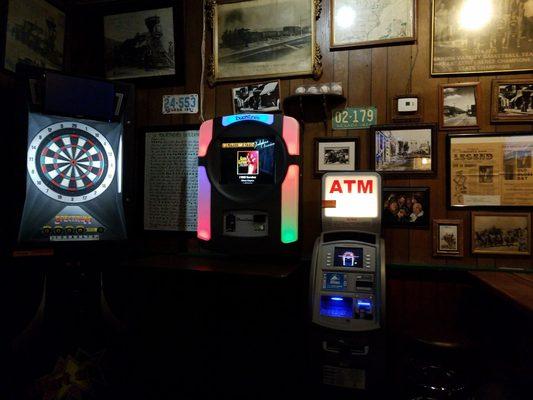 Dart board, jukebox and ATM