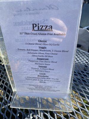 Pizza menu