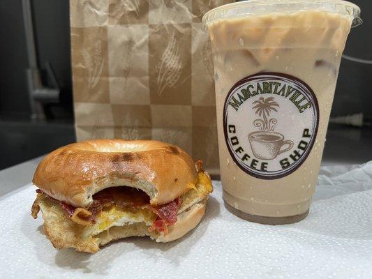 Bacon, egg & cheese bagel with a medium cold brew, both delicious!