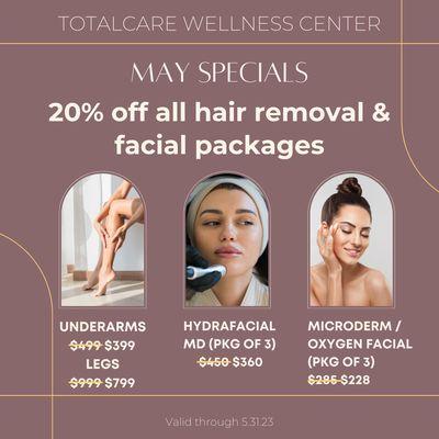 20% off on all hair removal and facial packages
Treat your mom to a special package this Mother's Day! Specials good until 5.31.23