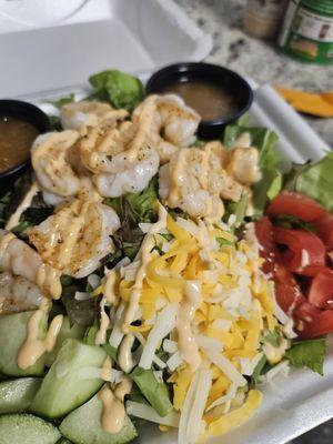 Grilled Shrimp Salad with mixed greens, cucumber, tomato, & parmesan cheese