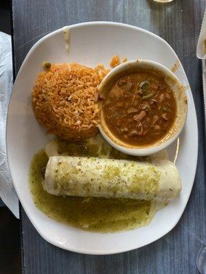 Lunch Special, pork burrito with rice and Charro beans.