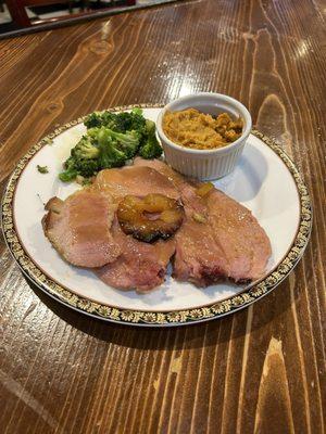 Baked Ham, Sweet Potato Soufflé and Fire Roasted Broccoli