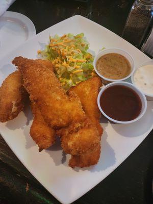 Chicken fingers with BBQ, honey mustard and ranch.