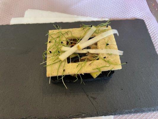 Mushroom Toast. Mix of cultivated and foraged mushrooms, pumpkin, shaved pear, parmesan foam, black pepper shortbread (my favorite!)