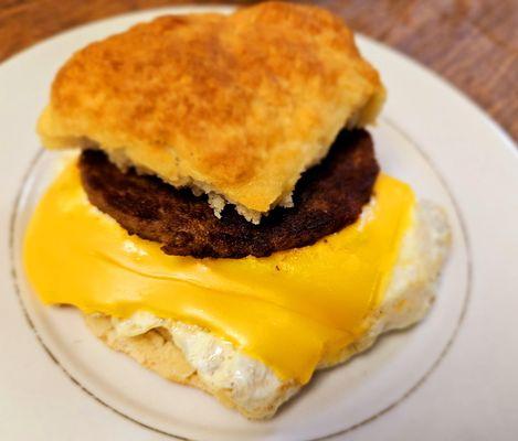 Sausage, egg and cheese biscuit breakfast sandwich