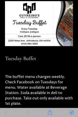 Tuesday Buffet - as posted on website Aug'23