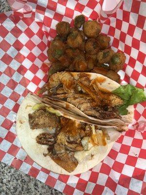 Soft shell crab tacos and fried okra