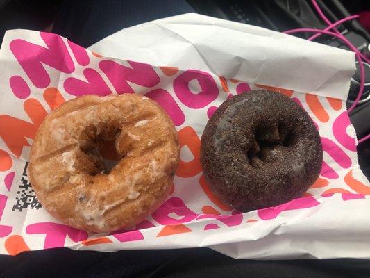 Blueberry glazed on the left, chocolate glazed on the right