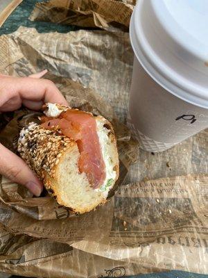 Breakfast baguette w/ scallion cream cheese and lox