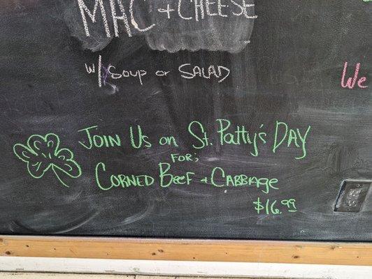 Join them in the St. Patrick's Day dinner. Corn beef and cabbage