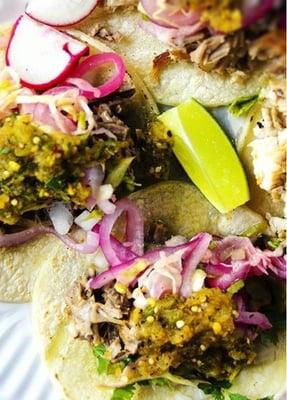 Asada and chicken tacos with LA Hulk salsa and pickled red onion