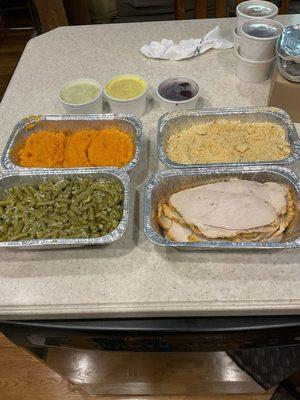 Holiday order. Turkeys, string beans, sweet potatoes, cornbread dressing.