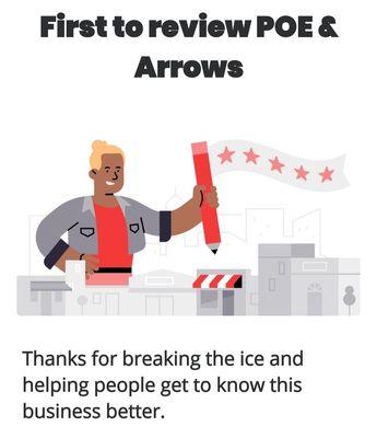 My Yelp! notification for helping POE & Arrows