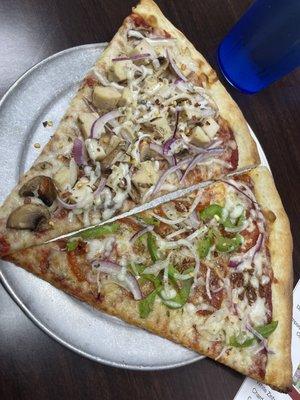 Veggie Lover's Pizza plus Grilled Chicken Pizza slice