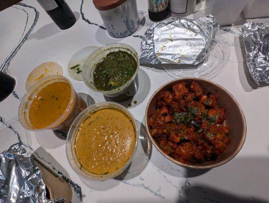 Clockwise: saag paneer (WOW), chicken 65 (yum), chicken korma (WOW), butter chicken (yum)