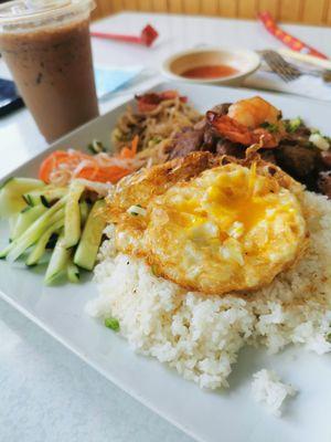 Pork Rice plate, Shrimp, pork chop, Vietnamese Meat loaf.