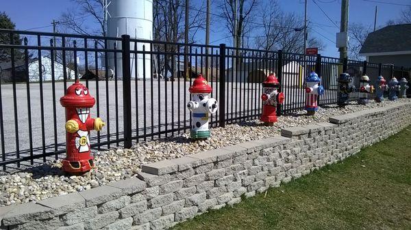 The fireman theme is continued with a row of fire hydrants