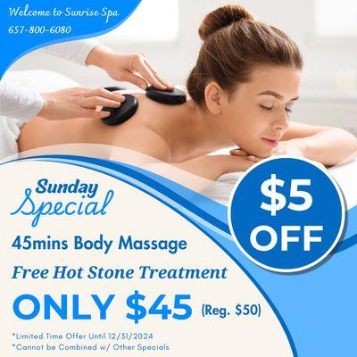 Sunday Special
45mins Body Massage
Free Hot Stone Treatment