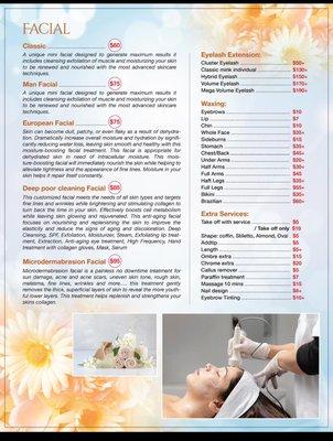 Menu Facial, Waxing, Eyelash extensions.